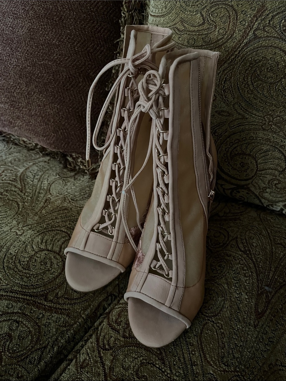 Gianni Bini Beige Lace-Up Peep-Toe Heeled Boots